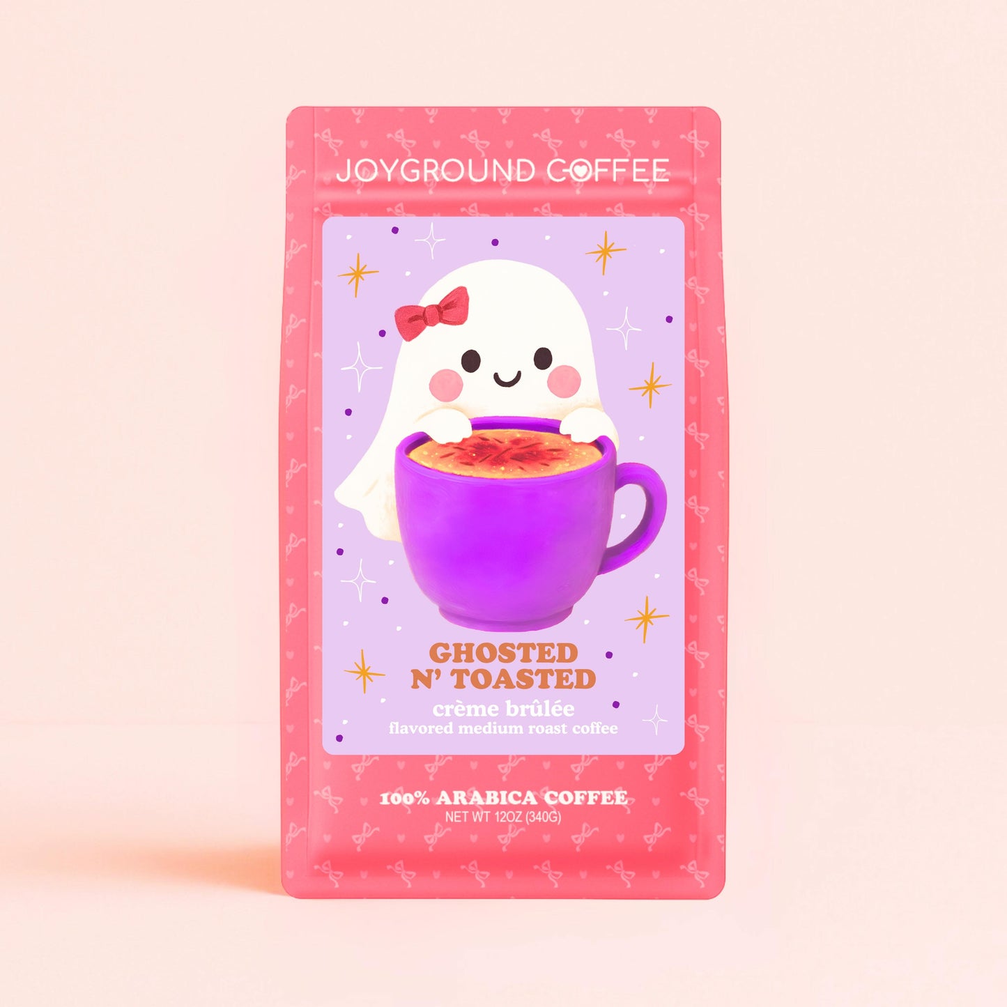 Joyground Coffee Ghosted n’ Toasted creme brulee naturally-flavored coffee beans with Pastel Halloween decor packaging