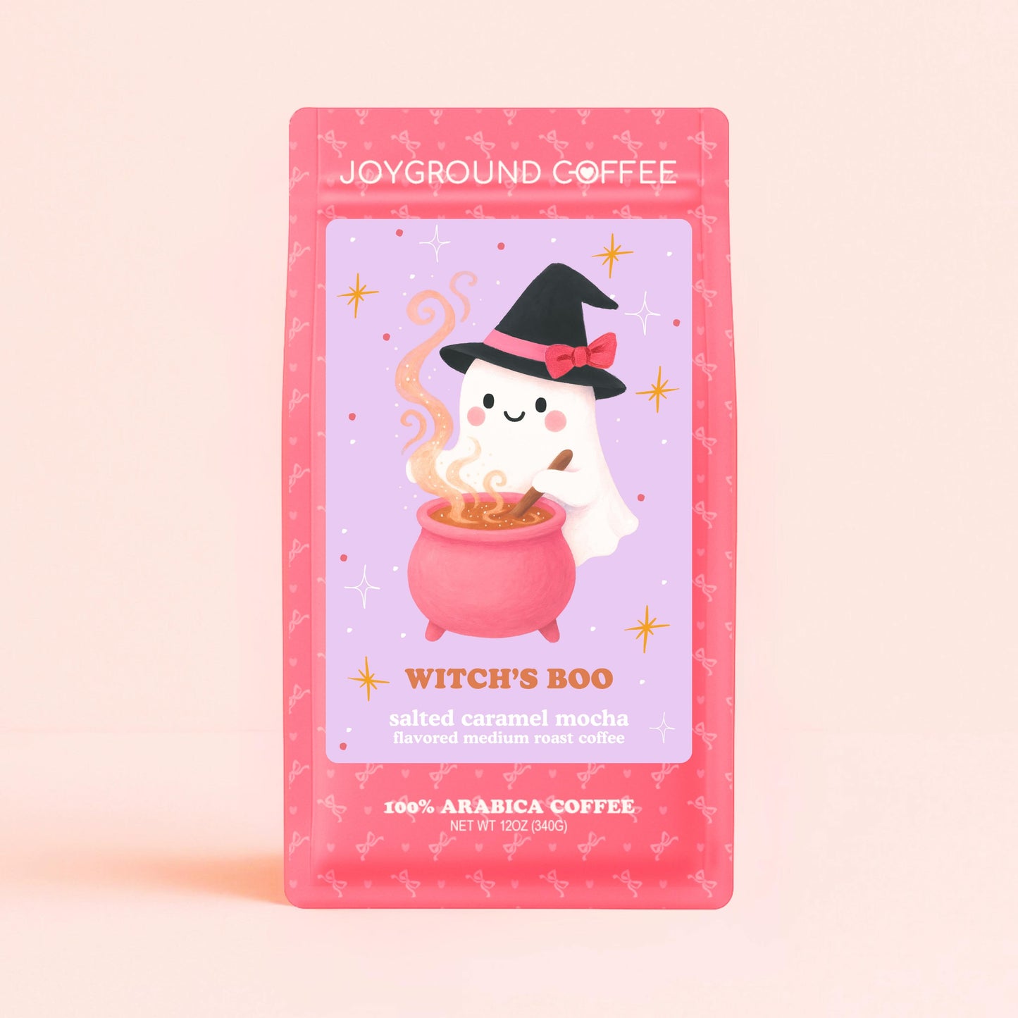 Joyground Coffee Witch’s Boo – Pastel Halloween pink coffee bag with kawaii-inspired witchy ghost.