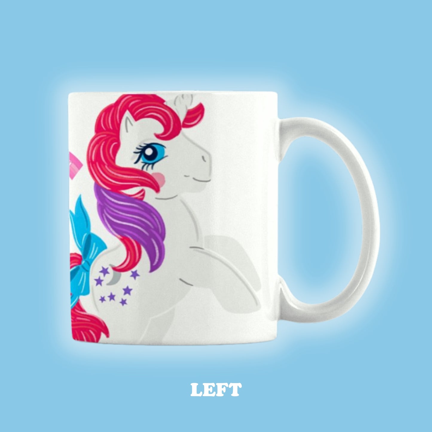 MLP G1 Moondancer and Glory mug from Joyground Coffee on a blue background - left view