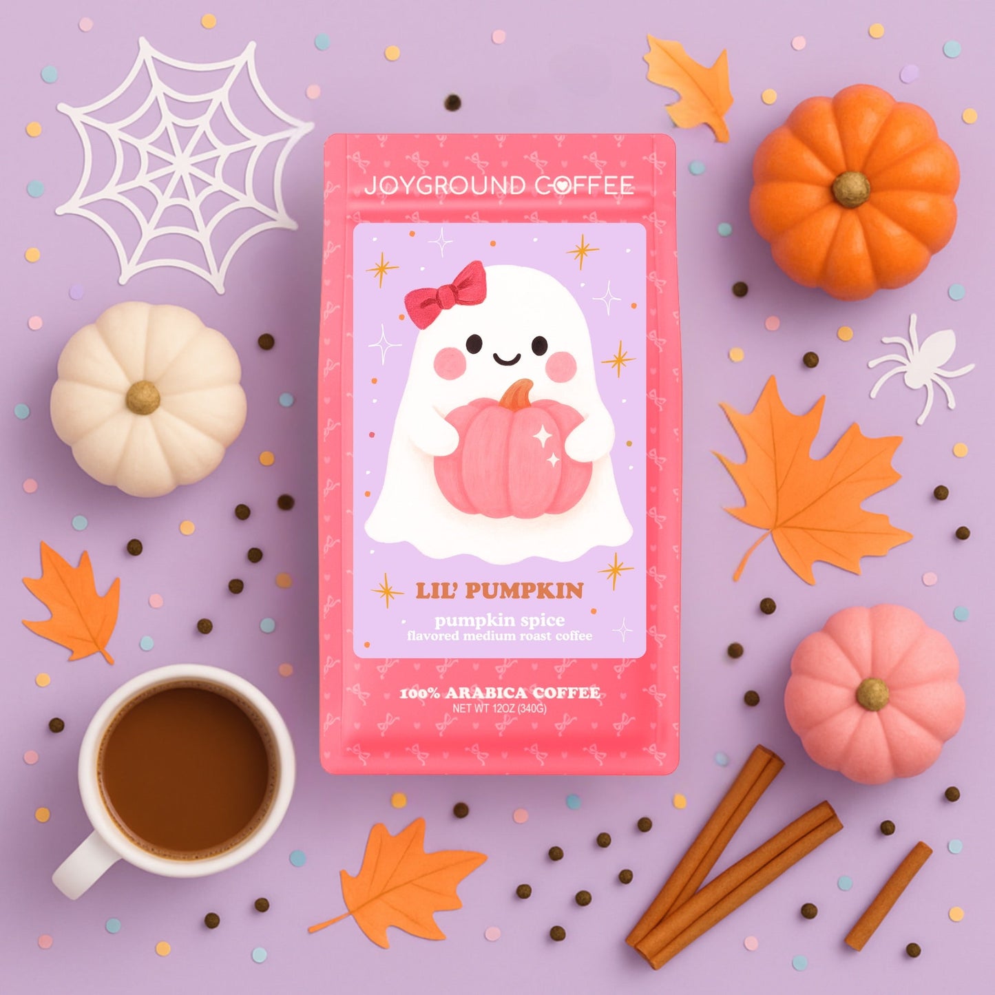 Lil' Pumpkin Pumpkin Spice Joyground Coffee bag with cinnamon, cloves and nutmeg, perfect for spooky season