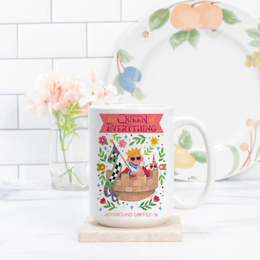 Mary Engelbreit Queen of Everything white ceramic mug from Joyground Coffee