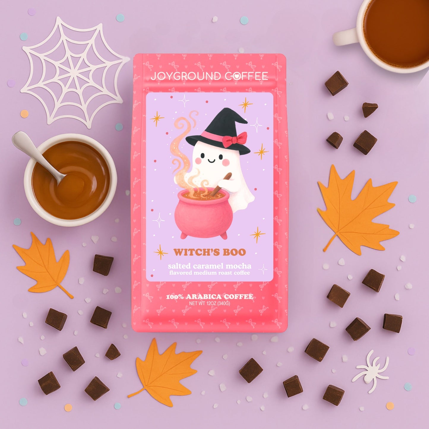 Joyground Coffee Witch’s Boo – Pastel Halloween Colombian medium roast salted caramel mocha coffee with chocolate and caramel flavors, perfect for Pinkoween decor fans