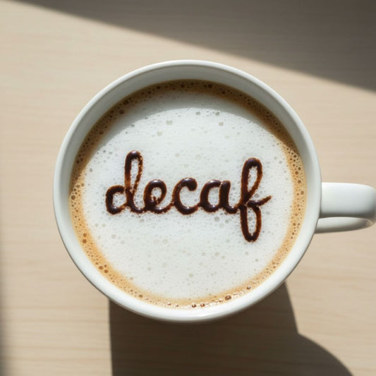 Mug filled with Joyground Coffee with decaf written in the latte foam