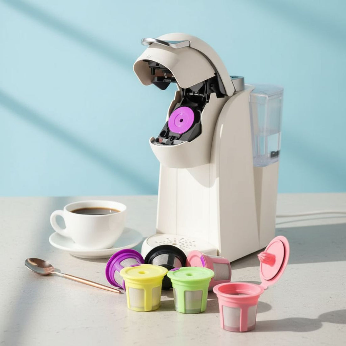 Kcup machine with reusable coffee pods filled with Joyground Coffee