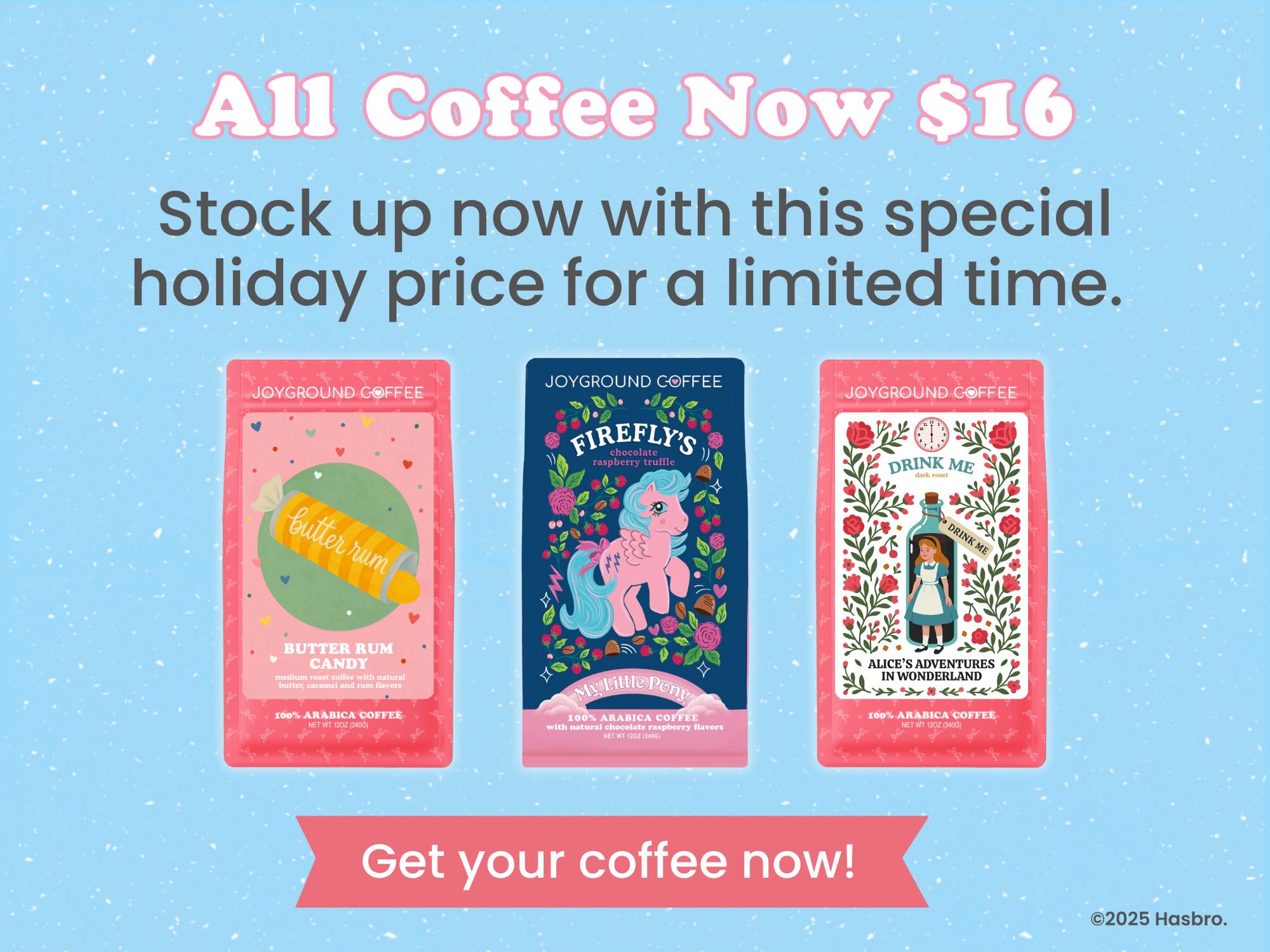 Joyground Coffee Black Friday $16 Coffee Discount featuring 3 coffee bags on a blue background