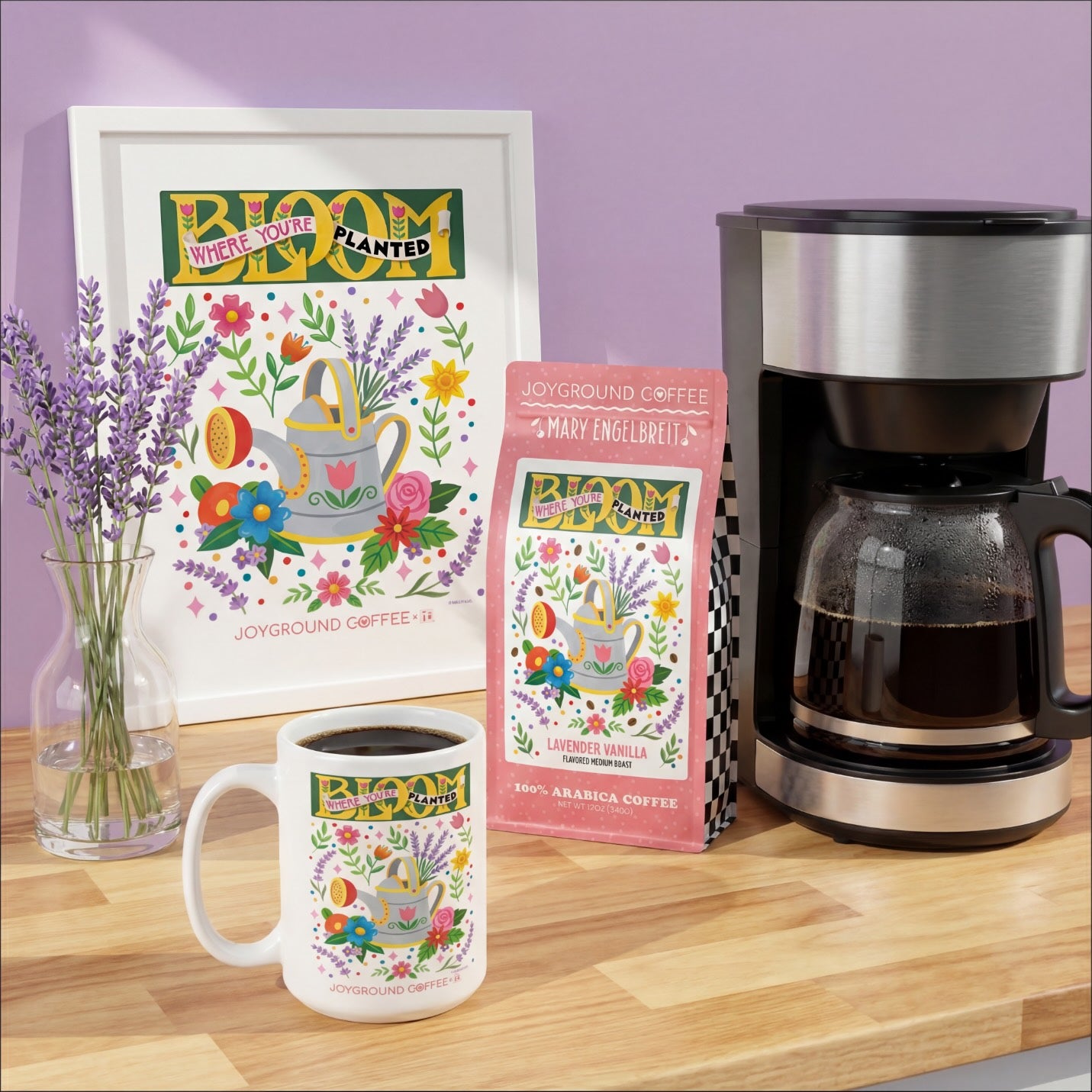 Mary Engelbreit Joyground Coffee Bloom Where You're Planted collection with coffee bag, mug, art print, coffee maker and lavender stems