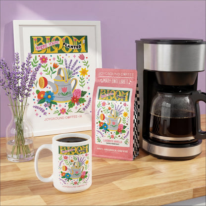 Mary Engelbreit Joyground Coffee Bloom Where You're Planted collection with coffee bag, mug, art print, coffee maker and lavender stems