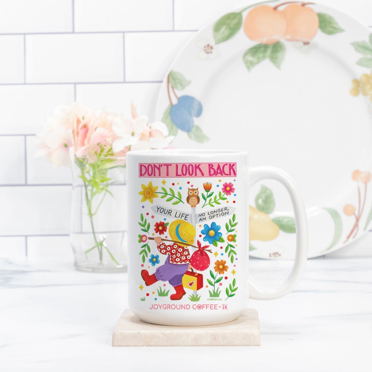 Mary Engelbreit Don't Look Back white ceramic mug from Joyground Coffee
