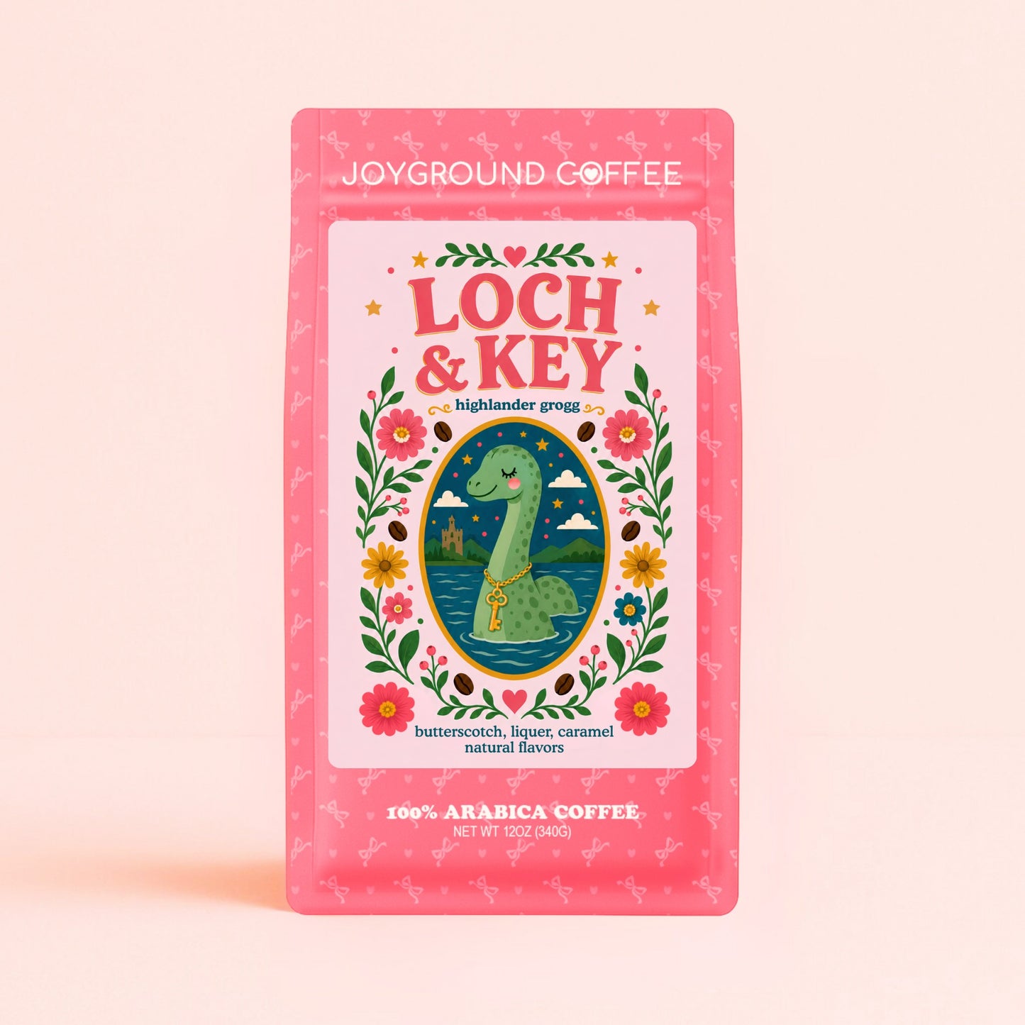 Joyground Coffee pink Loch & Key coffee bag with Nessie on it