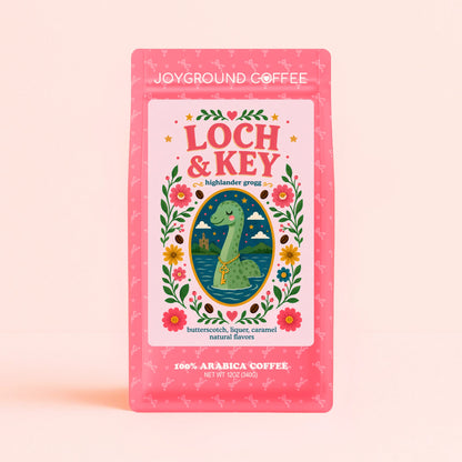 Joyground Coffee pink Loch & Key coffee bag with Nessie on it