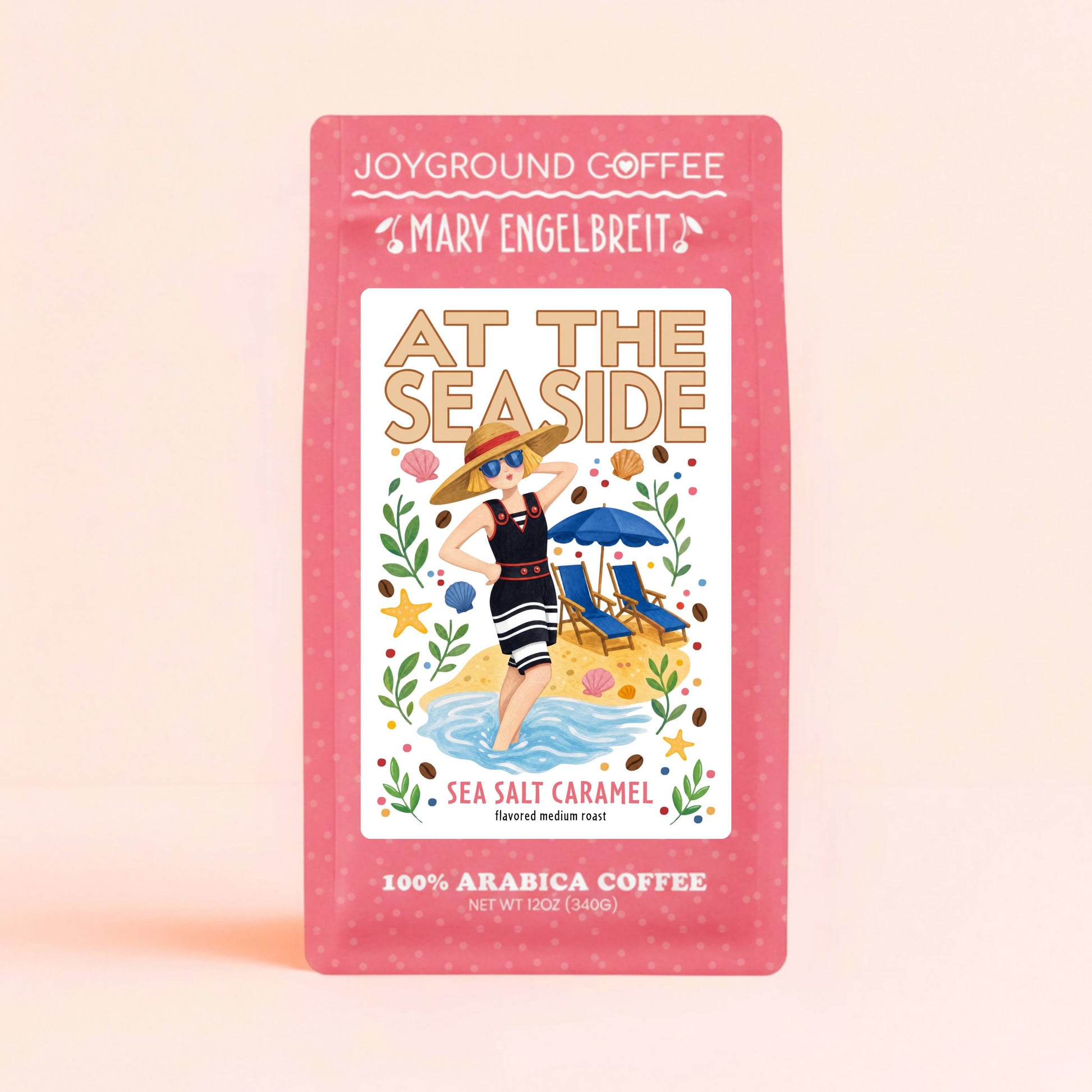 Joyground Coffee package with 'Mary Engelbreit' At the Seaside design on a pink background