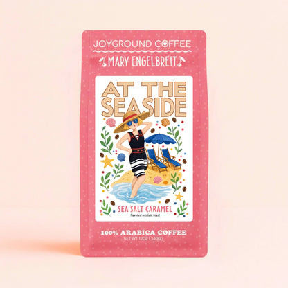 Joyground Coffee package with 'Mary Engelbreit' At the Seaside design on a pink background