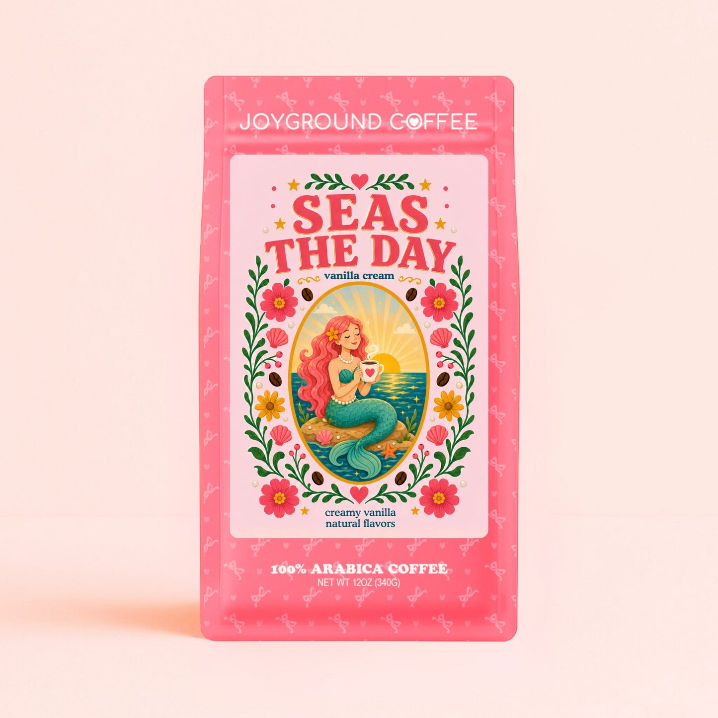 Joyground Coffee pink Seas the Day vanilla cream coffee bag on a pink background