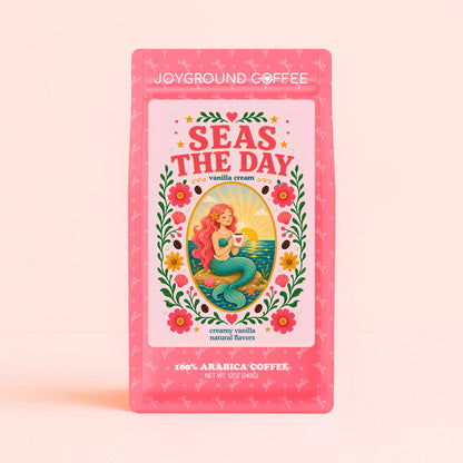 Joyground Coffee pink Seas the Day vanilla cream coffee bag on a pink background