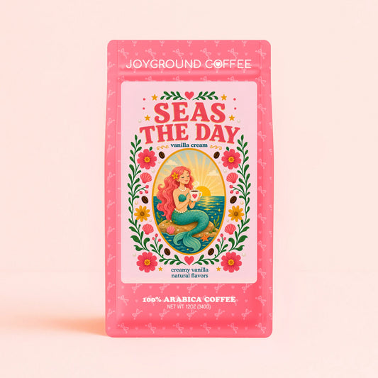 Joyground Coffee pink Seas the Day vanilla cream coffee bag on a pink background