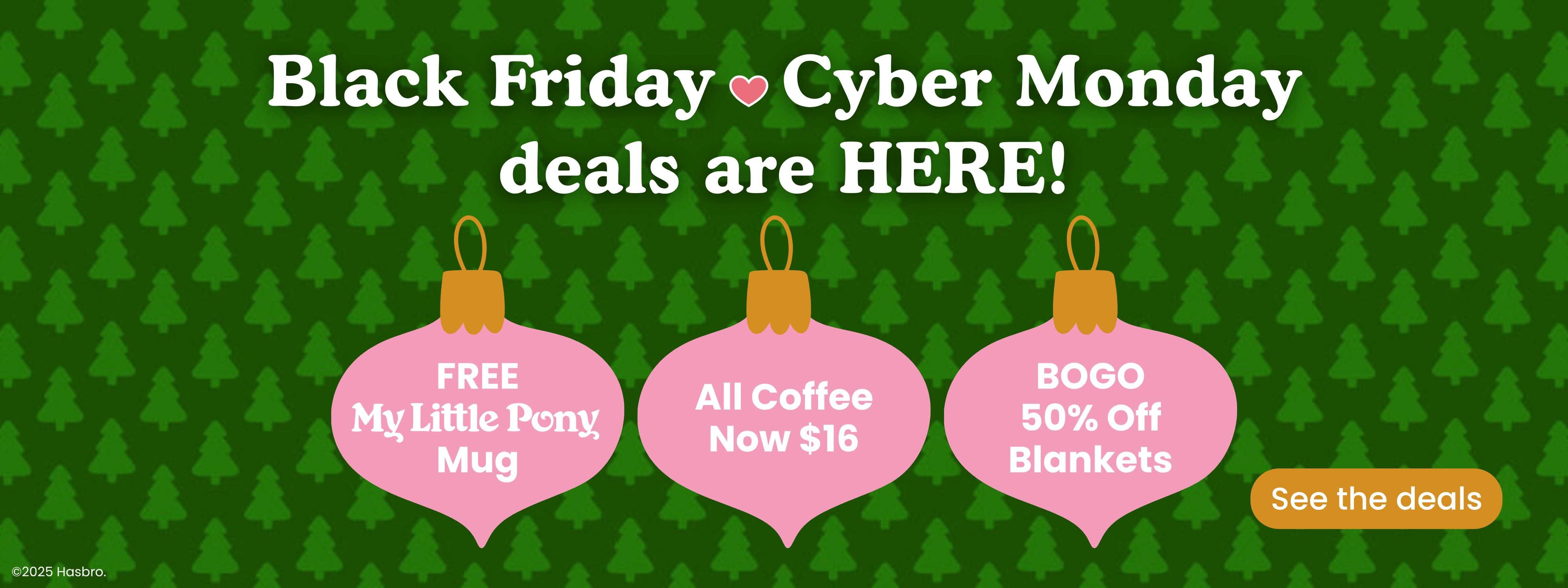 Promotional graphic for Joyground Coffee Black Friday and Cyber Monday deals with pink ornaments on a green background.