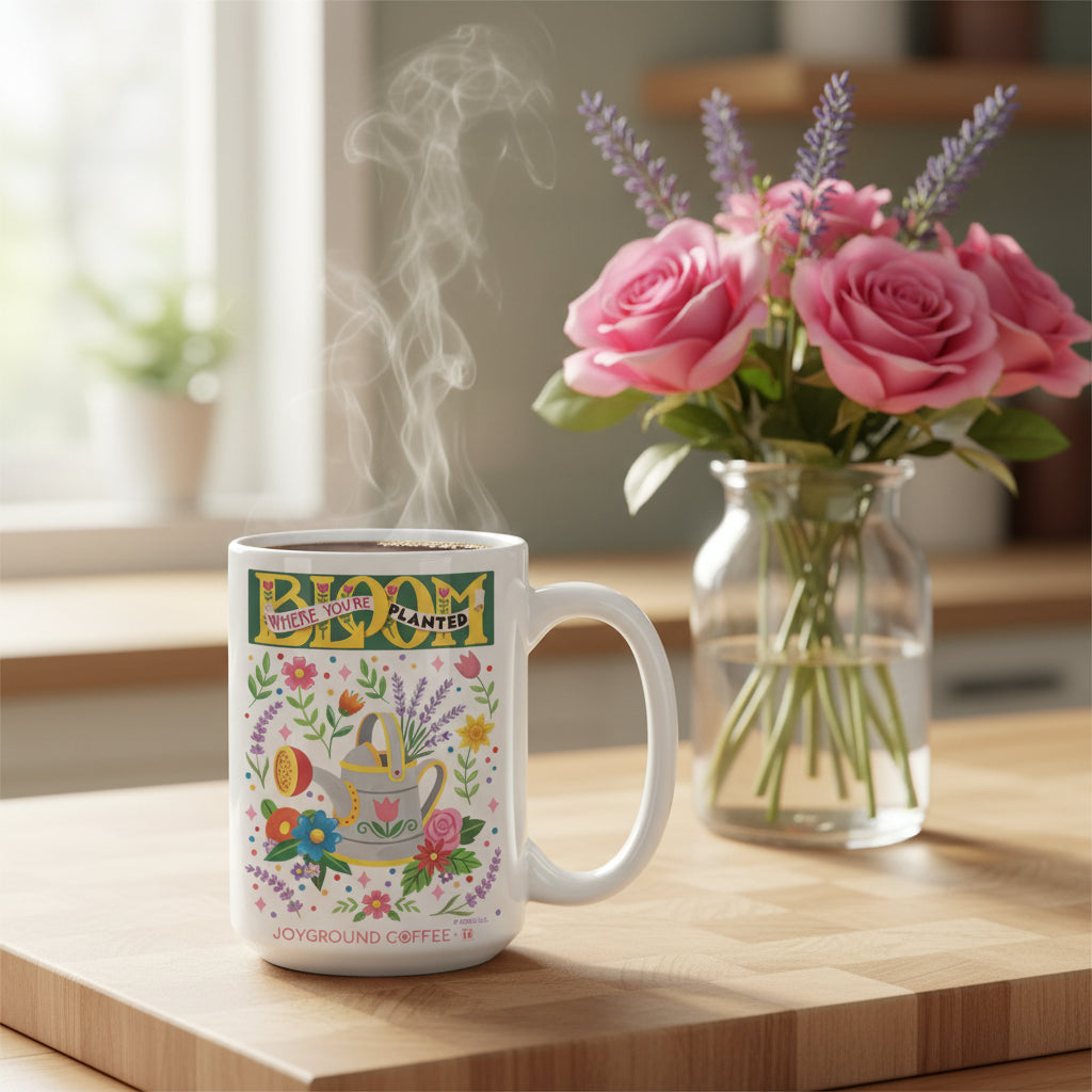 White Joyground Coffee x Mary Engelbreit Bloom Where You're Planted mug with floral design on a kitchen counter next to a bouquet of flowers