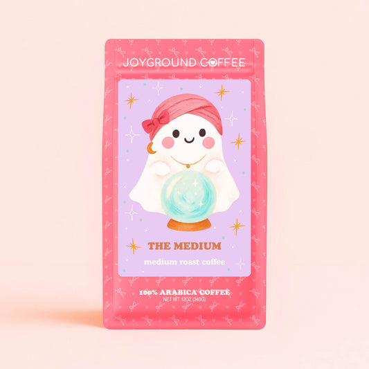 Joyground Coffee The Medium — Pastel Halloween traditional medium roast coffee bag, Ethiopian Yirgacheffe, floral and fruity flavor notes for a spooky cute fall season.