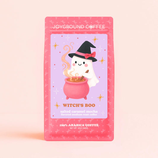 Joyground Coffee Witch’s Boo – Pastel Halloween pink coffee bag with kawaii-inspired witchy ghost. 