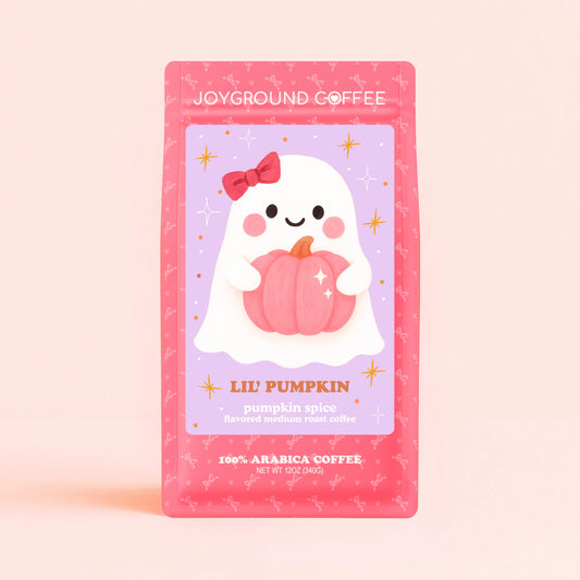 Joyground Coffee Lil’ Pumpkin – Pastel Halloween Colombian medium roast pumpkin spice coffee with cinnamon, nutmeg, and clove natural flavors