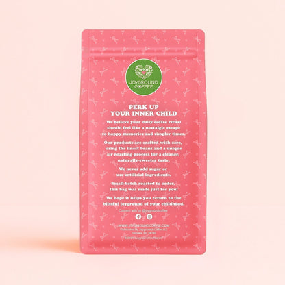 Joyground Coffee's cute pink coffee bags remind you to perk up your inner child.