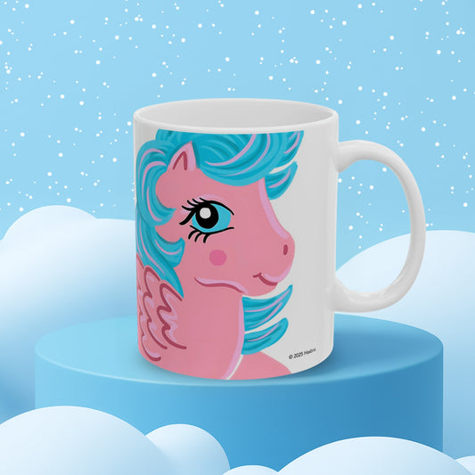 My Little Pony Firefly pegasus pony on a white ceramic mug sitting atop a blue display with a snowy background.