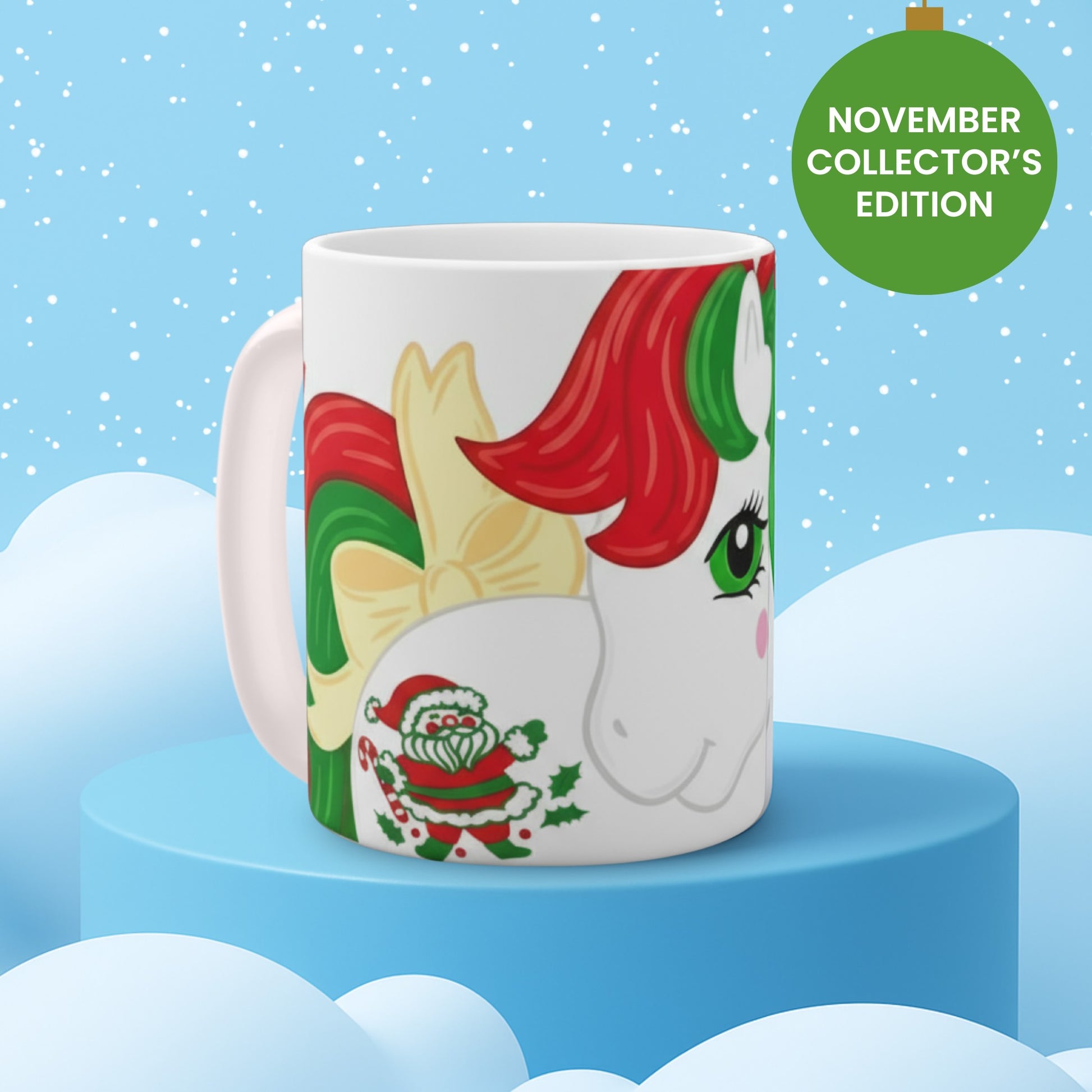 White mug with Merry Treat from My Little Pony G1 sitting atop a blue display with a snowy background.