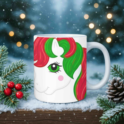My Little Pony Merry Treat Christmas Pony Joyground Coffee Mug in a snowy scene with pinecones and greenery.