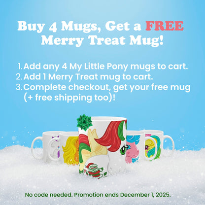 Promotional graphic for My Little Pony mugs with a free Merry Treat mug offer.