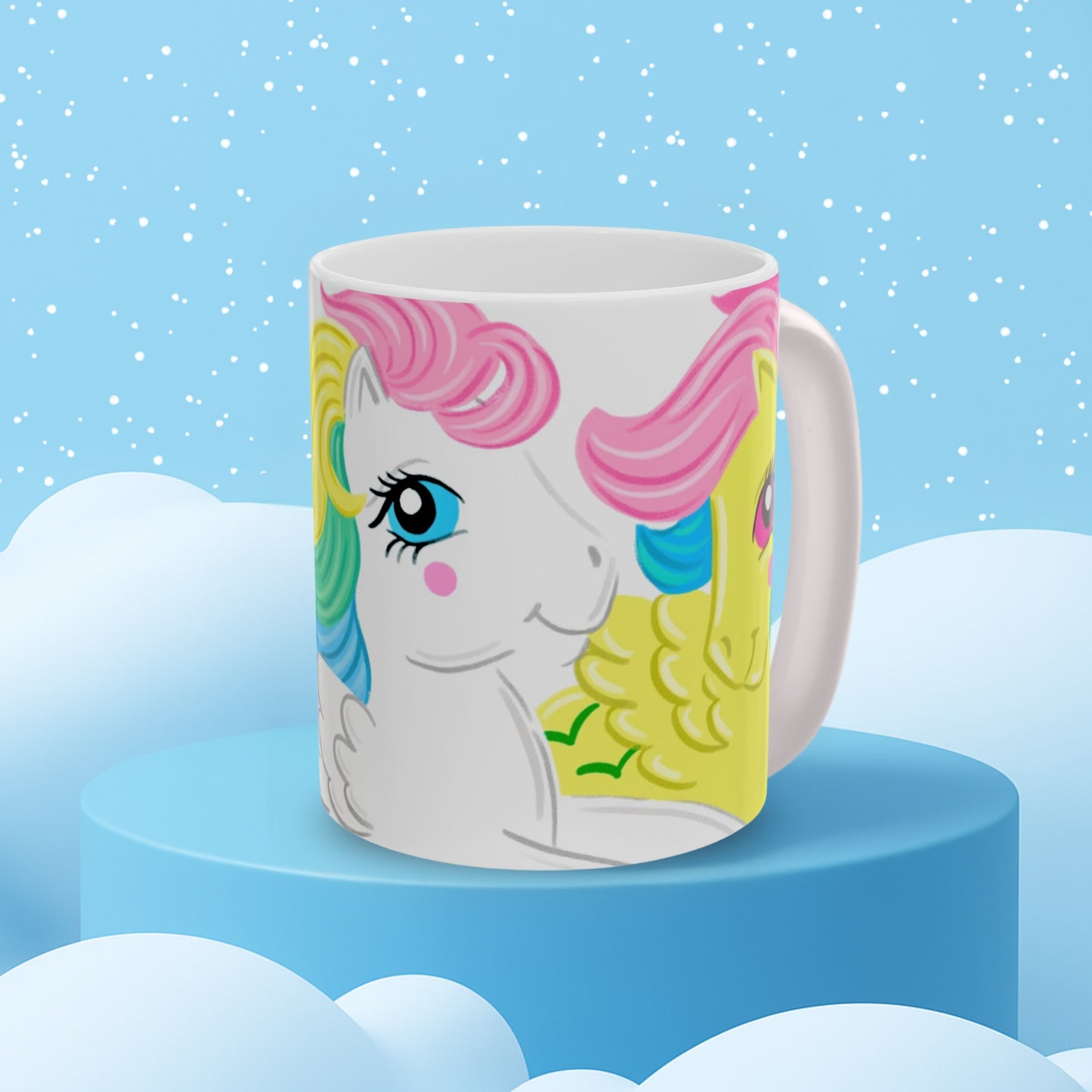 MLP Skydancer and Starshine on Joyground Coffee mug atop a blue display with a snowy background.