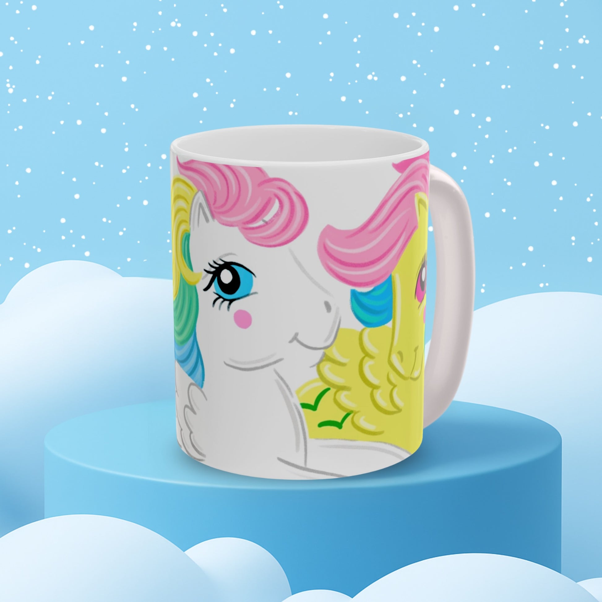 MLP Skydancer and Starshine on Joyground Coffee mug atop a blue display with a snowy background.