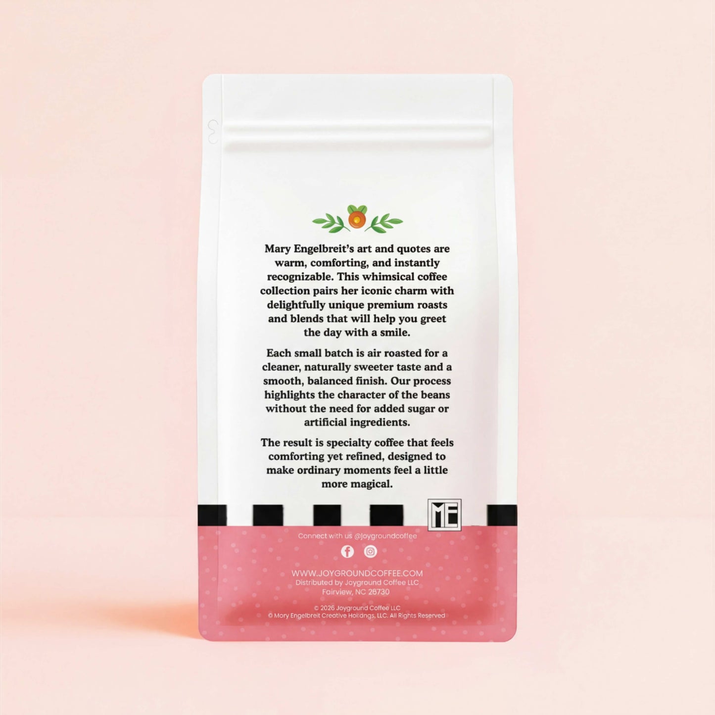 Joyground Coffee x Mary Engelbreit coffee bag back view on cream background.