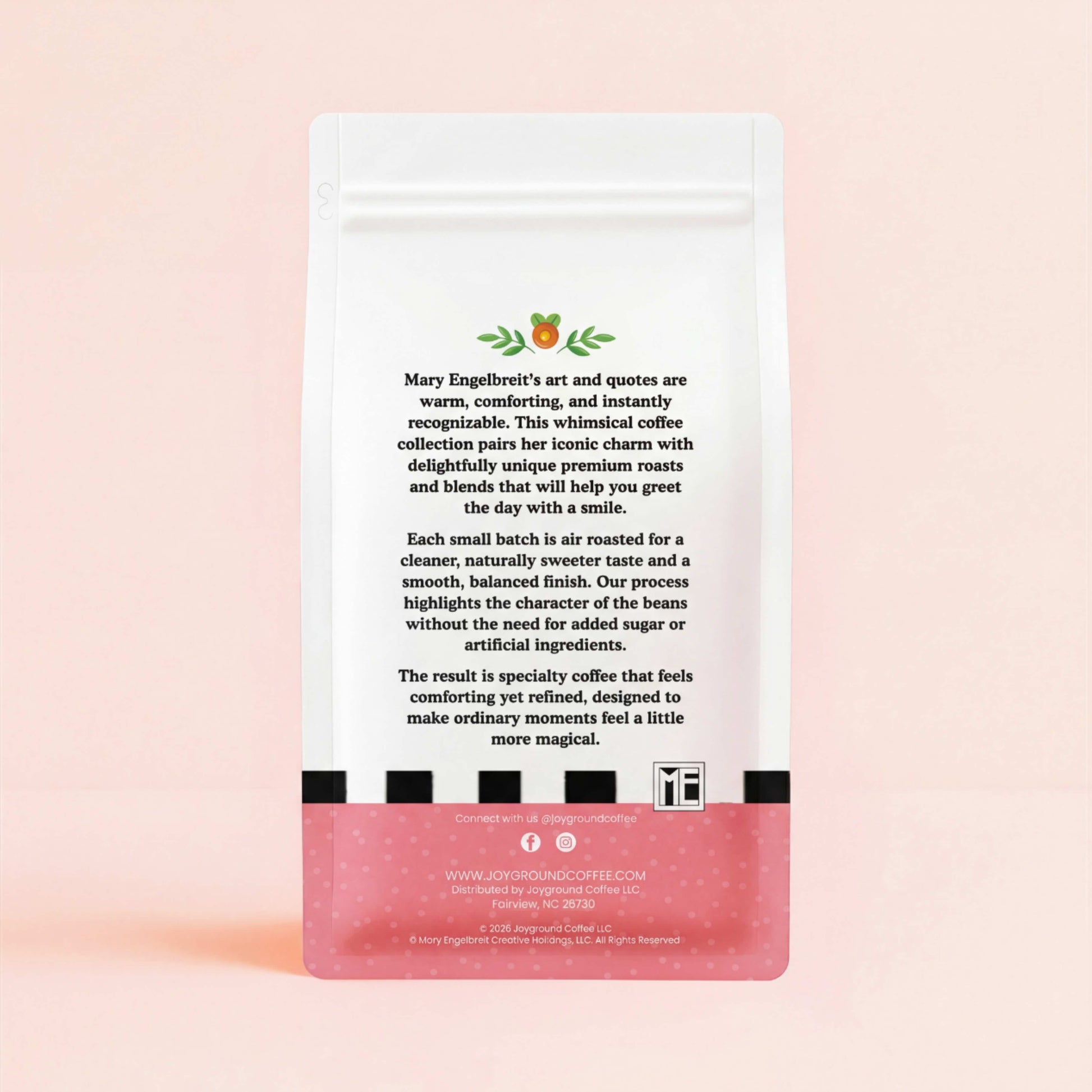 Joyground Coffee x Mary Engelbreit coffee bag back view on cream background.
