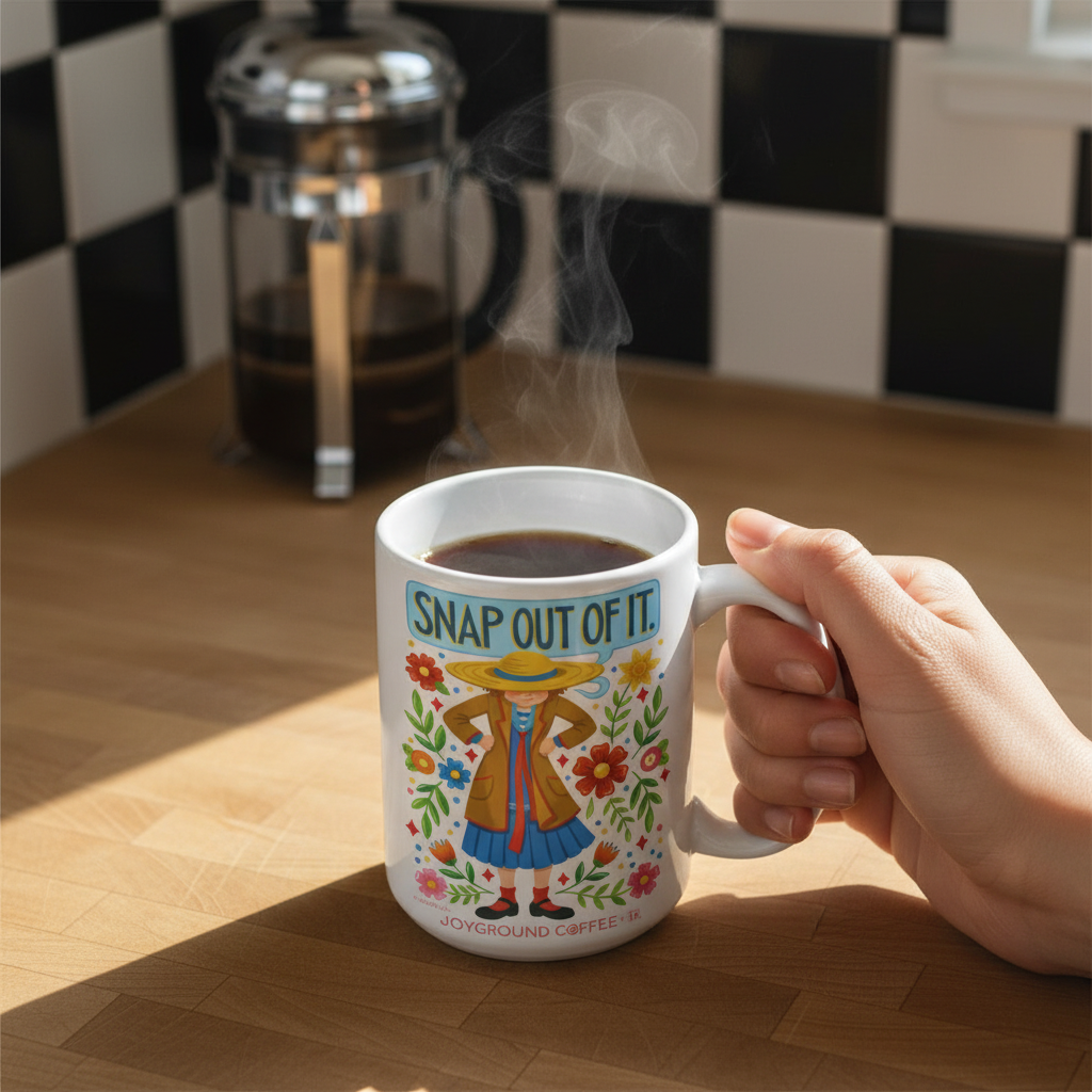 Person holding a white Mary Engelbreit mug from Joyground Coffee with coffee and decorative design, steam rising, in a kitchen setting. The mug contains a SNAP OUT OF IT message and whimsical illustration.