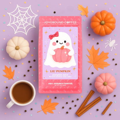 Lil' Pumpkin Pumpkin Spice Joyground Coffee bag with cinnamon, cloves and nutmeg, perfect for spooky season