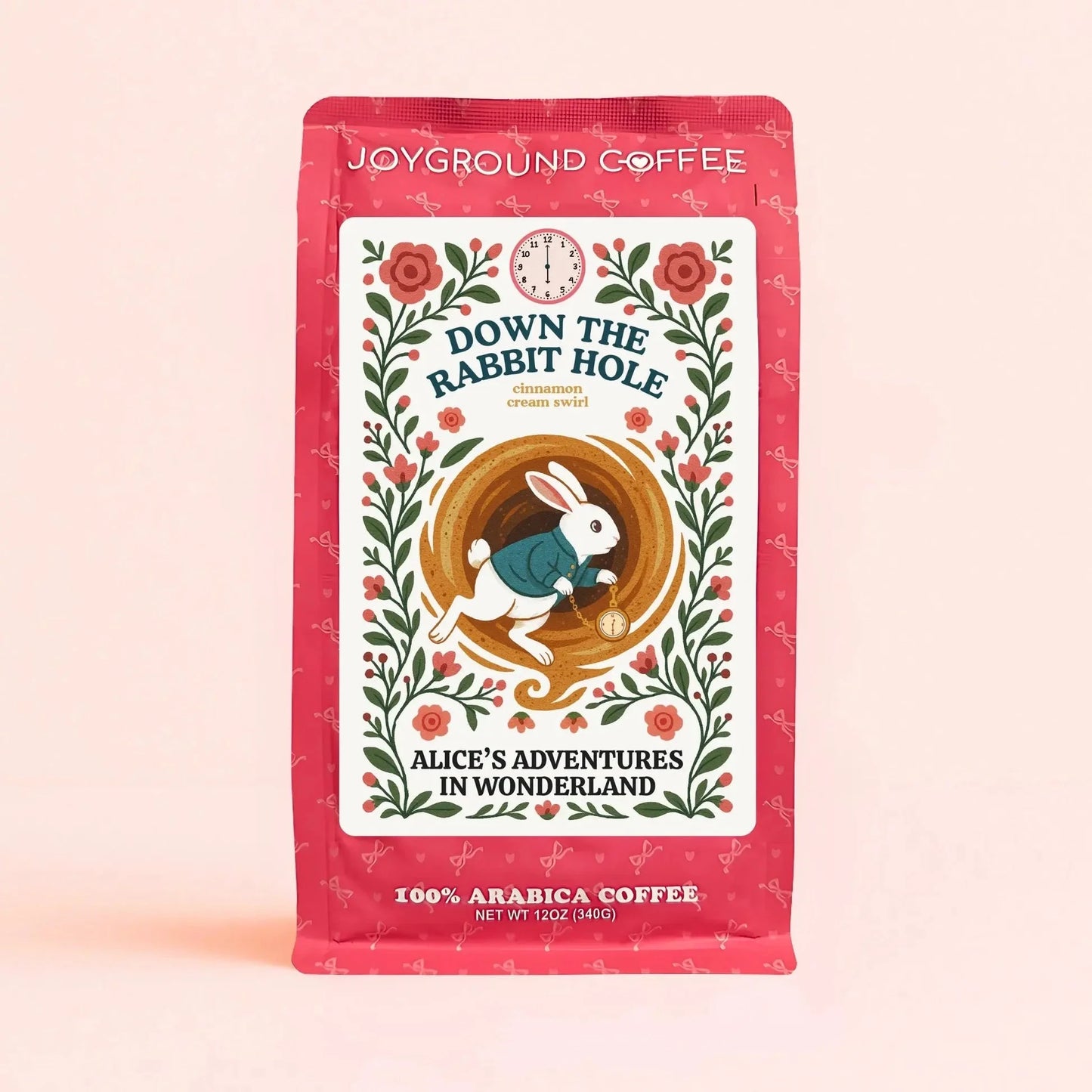 Down The Rabbit Hole Cinnamon Cream Swirl Joyground Coffee bag featuring the White Rabbit from Alice's Adventures in Wonderland