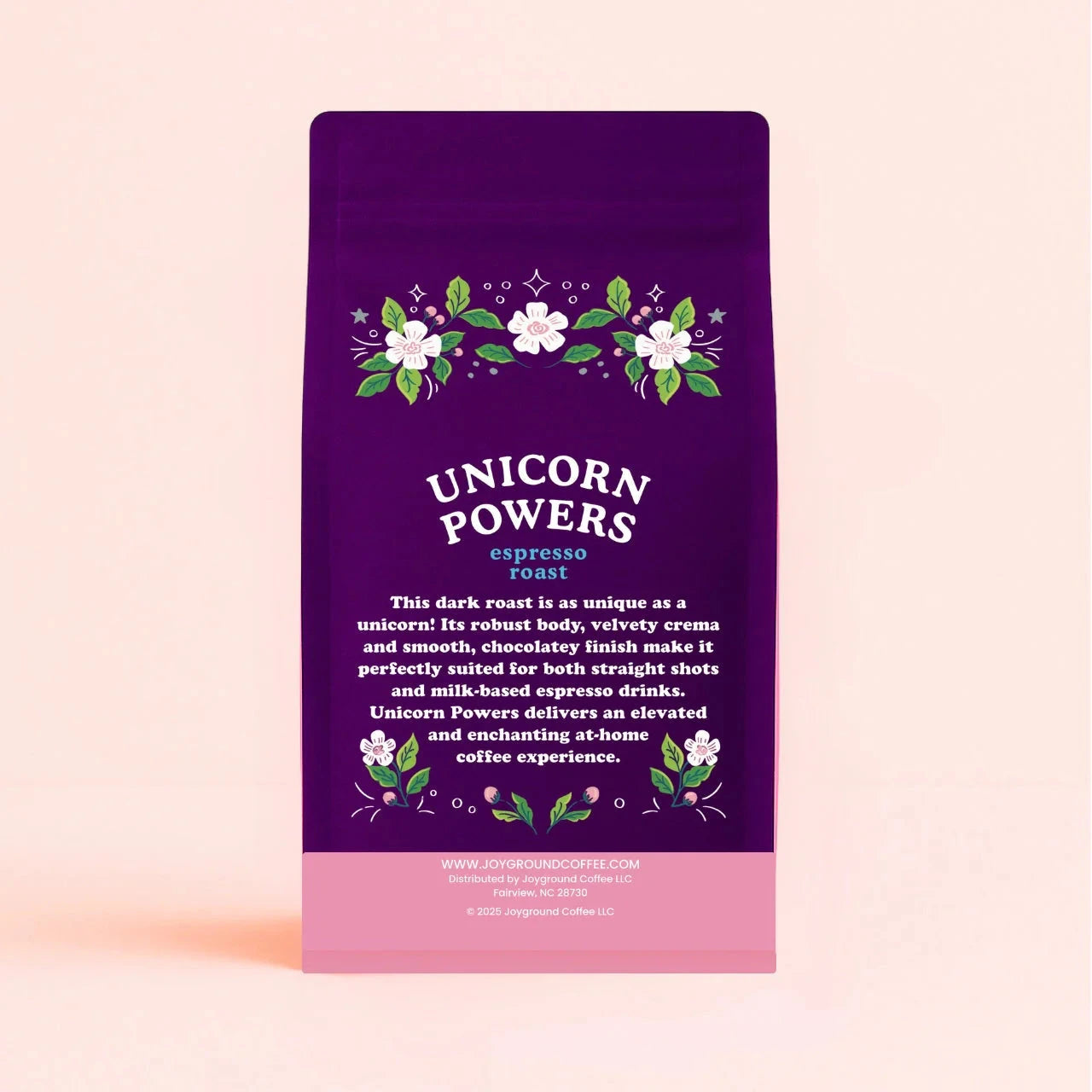 Unicorn Powers Joyground Coffee packaging back view with product description. 