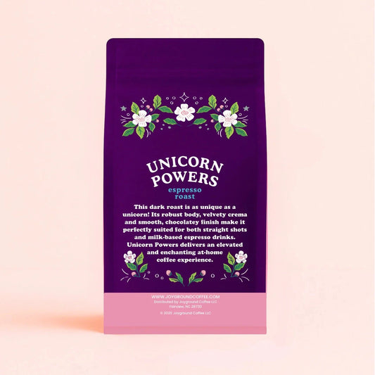 Unicorn Powers Joyground Coffee packaging back view with product description. 