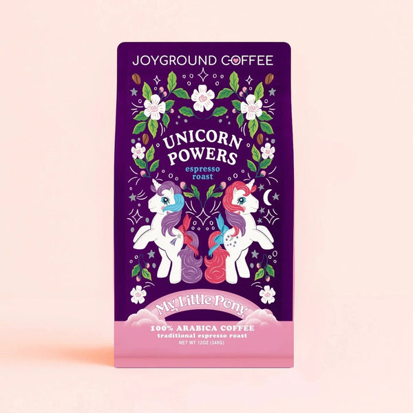 Unicorn Powers Espresso Roast bag by Joyground Coffee featuring Glory and Moondancer from My Little Pony G1.
