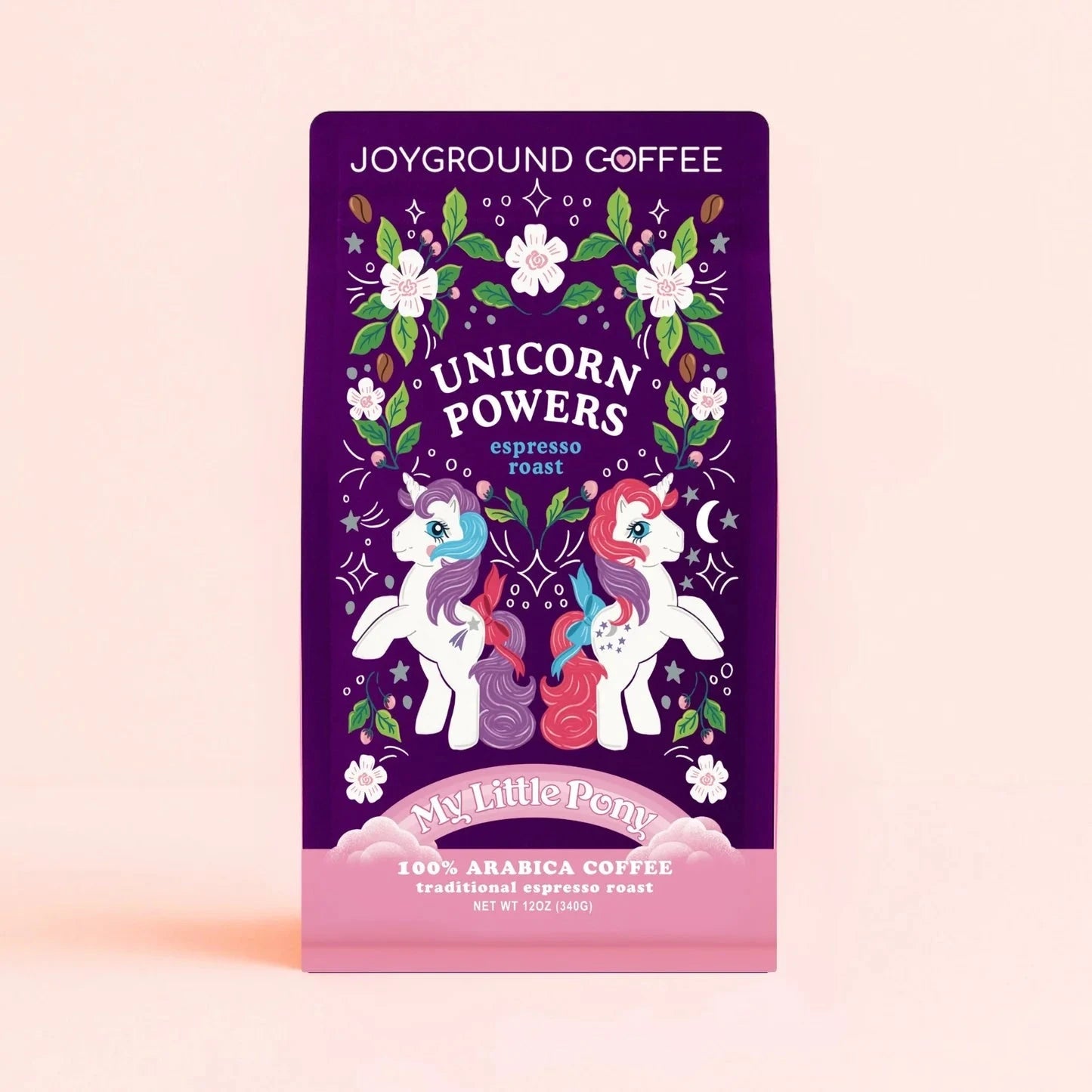 Unicorn Powers Espresso Roast bag by Joyground Coffee featuring Glory and Moondancer from My Little Pony G1.