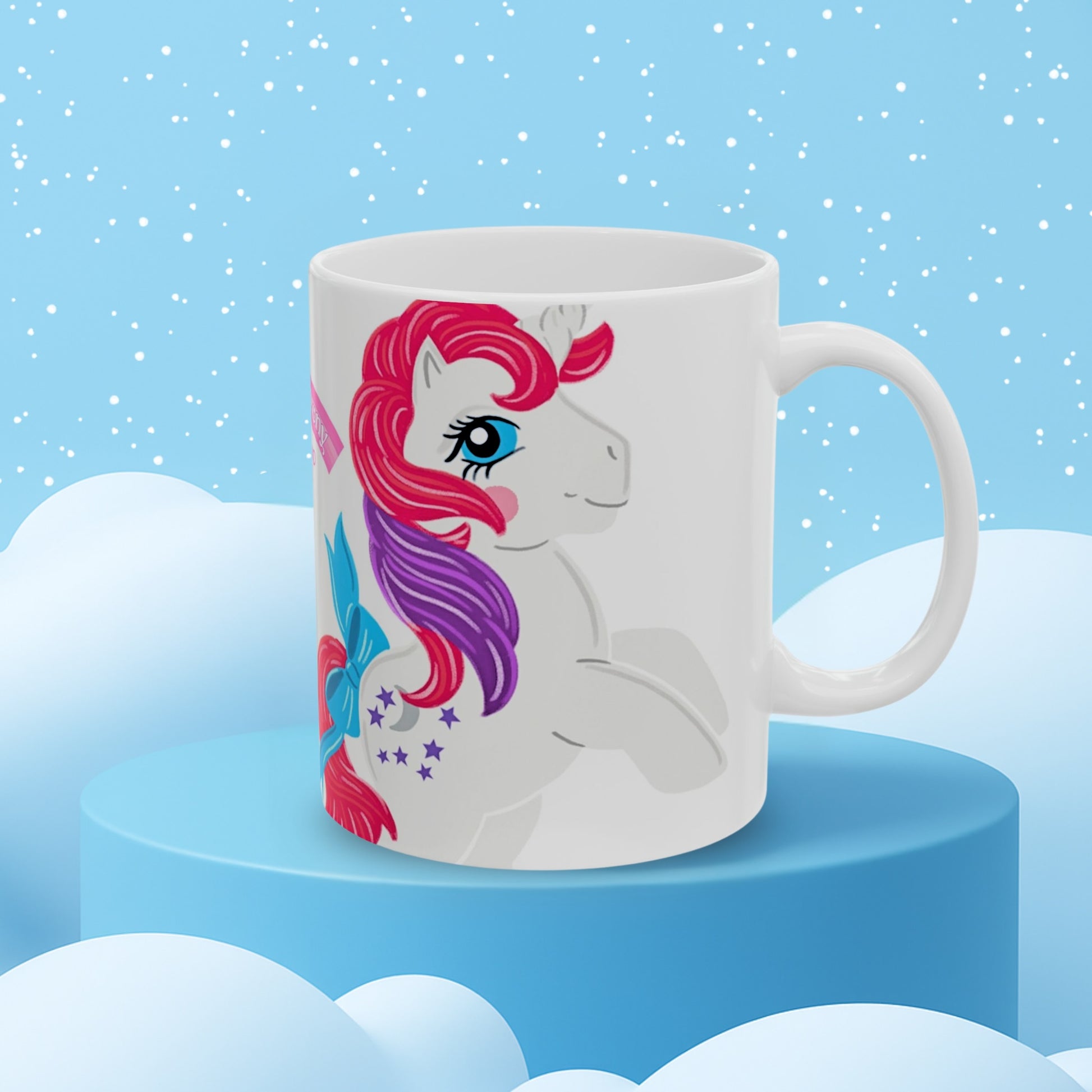 MLP Moondancer Mug from Joyground Coffeeon a blue display with a snowy background.