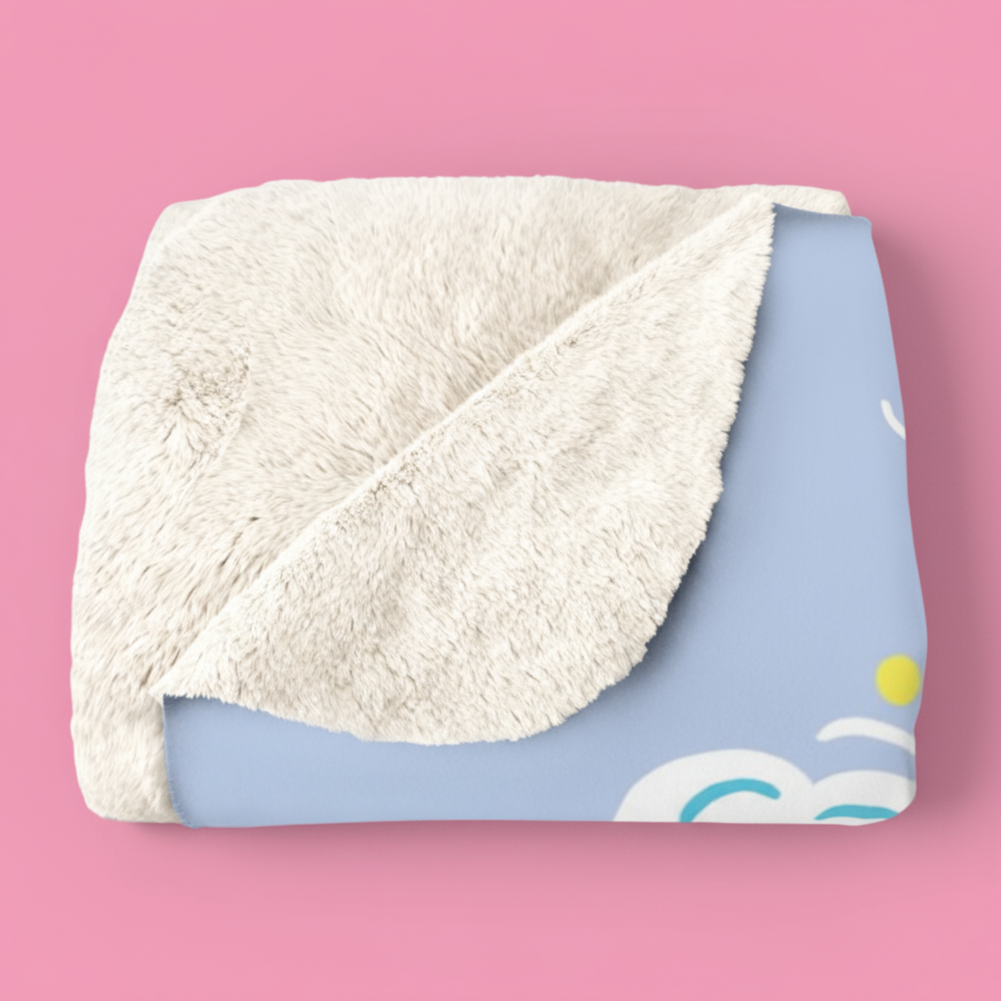 Folded Sherpa MLP x Joyground Coffee light blue Head in the Clouds pegasus blanket folded on a pink background.